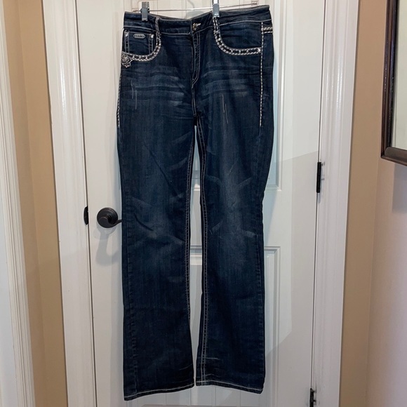 LA IDOL JEANS 15 ROSE Flair LEG JEANS RHINESTONES 5-POCKET ZIPFLY - Picture 16 of 16